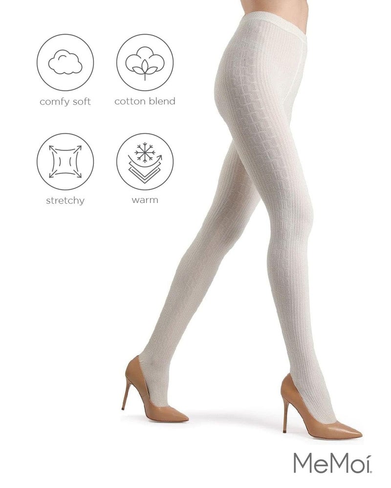 MeMoi Portland Side Cable Knit Cotton Tights for Women, Cozy and Warm Sweater Tights - Sizes Small to X-Large, Winter White, L-XL - Image 5